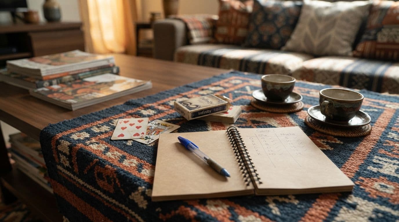 An open notebook with a pen, playing cards, and two cups of coffee rest on a patterned textile runner over a coffee table in a cozy living room.