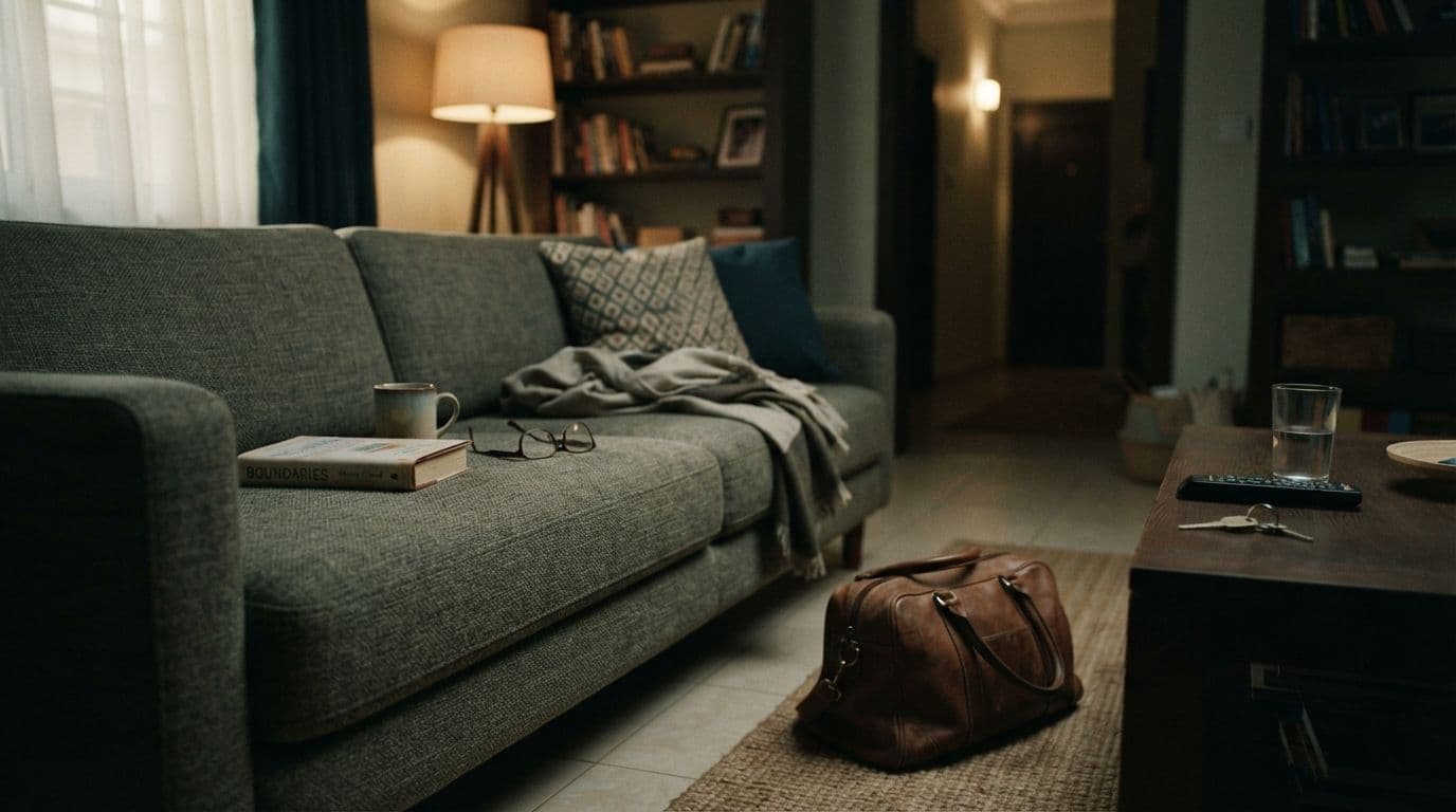 An interior shot of a living room with a green sofa, a book, glasses, a coffee mug, and a blanket on it, and a brown travel bag on the floor.