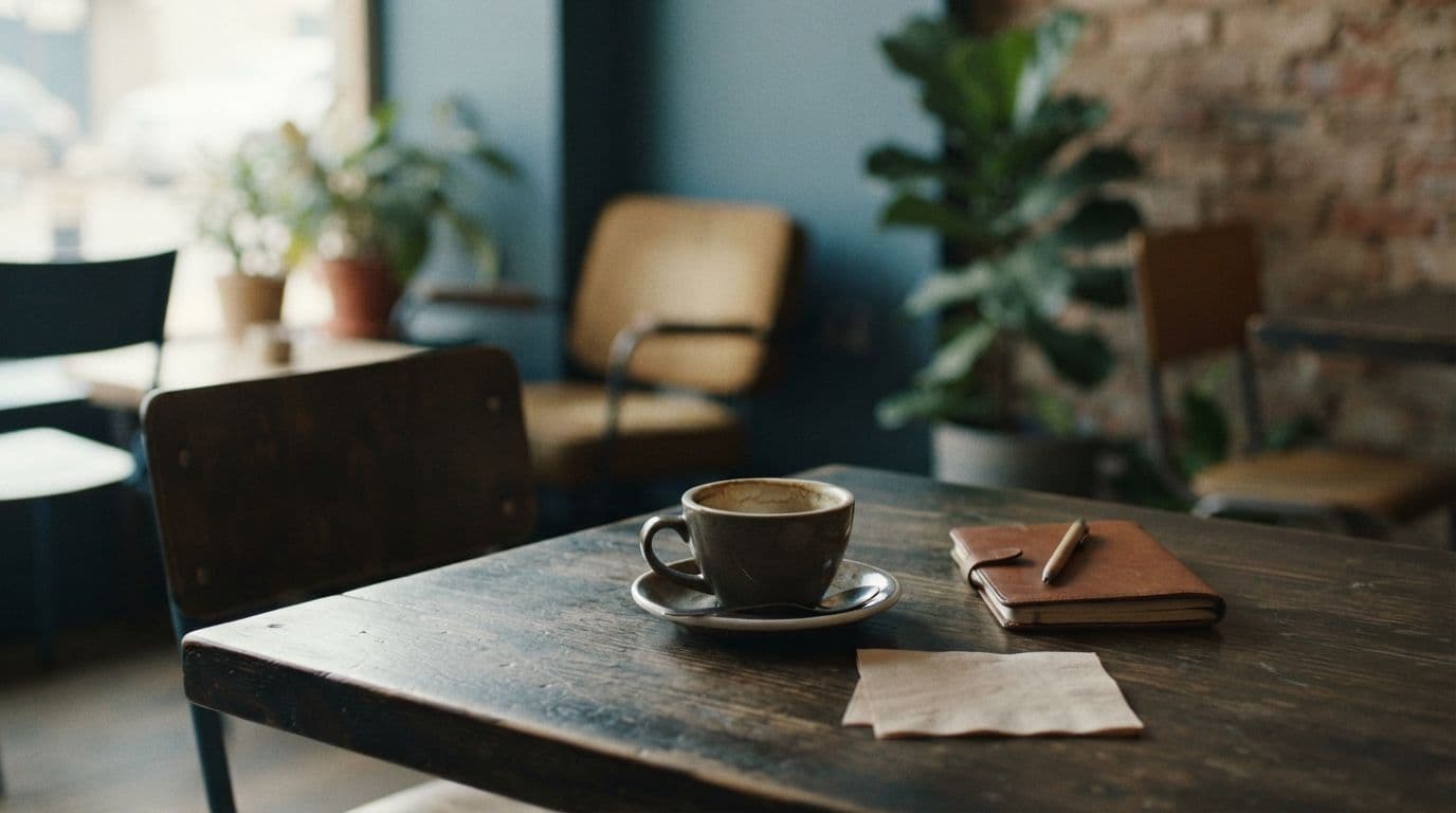 An empty wooden café table with a coffee cup on a saucer, a closed journal with a pen, and a napkin, set against a blurred background of a cozy café interior.