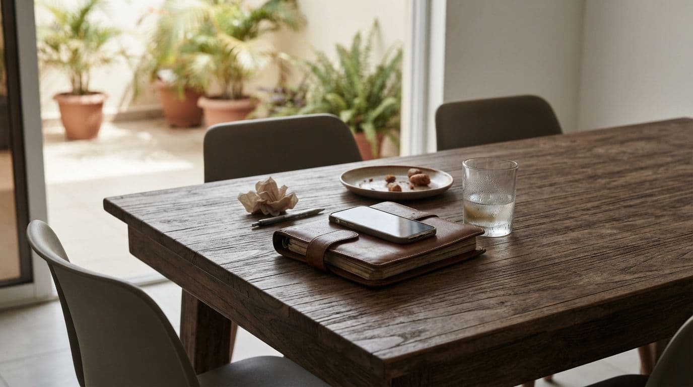 A wooden dining table with a leather planner, smartphone, crumpled napkin, pen, small plate with snacks, and a glass of water.