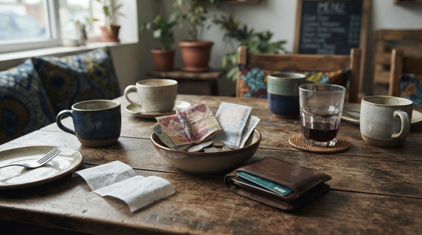 An empty wooden café table cluttered with several coffee cups, plates, a receipt, a leather wallet with cards, and a small bowl containing mixed paper currency and coins.