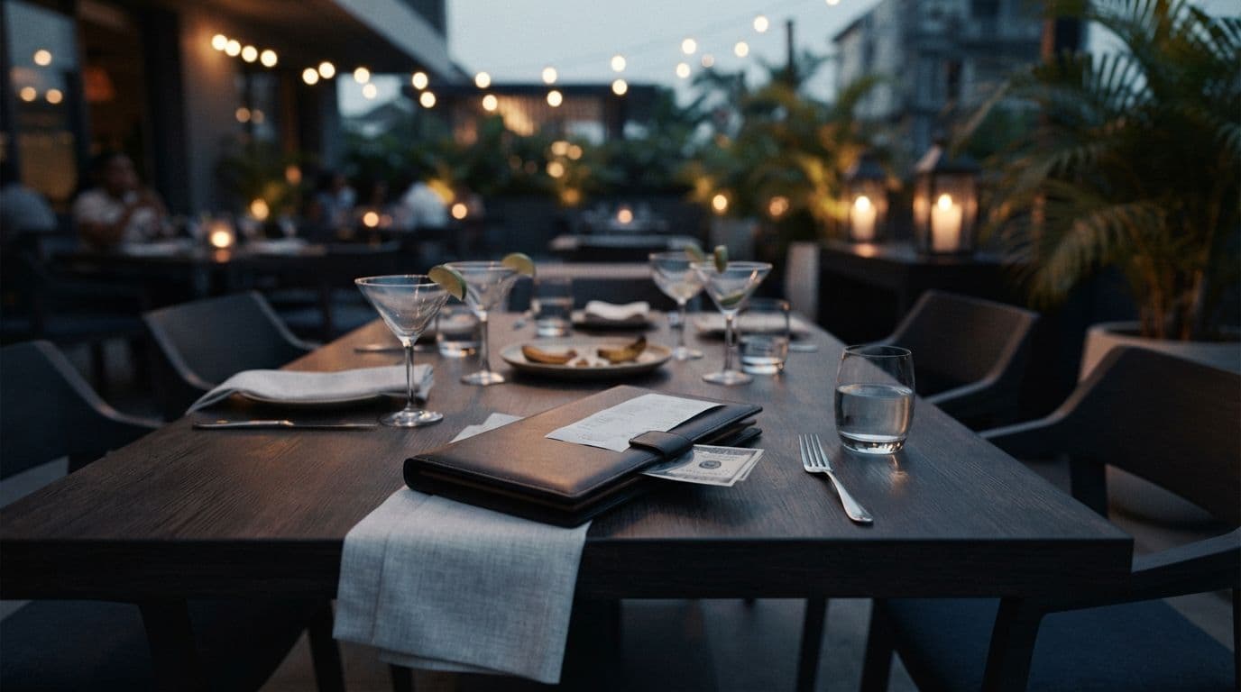 An outdoor restaurant table at night with empty chairs, cocktail glasses, a water glass, and a leather check folder holding a bill and paper currency.